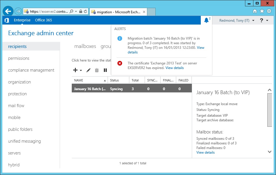 Two alerts can be seen. One for an expired certificate, the other to say that a migration batch has started