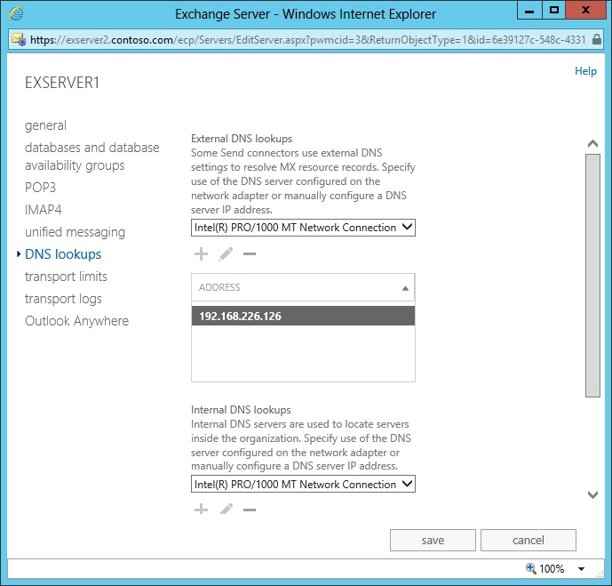 Checking DNS Lookup properties for a server with EAC