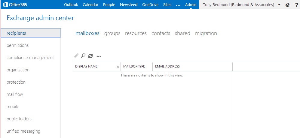 No mailboxes - at least, none that EAC can see