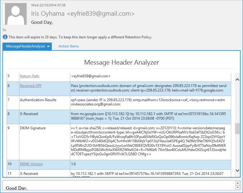 Viewing message header information for spam with the MessageHeaderAnalyzer app