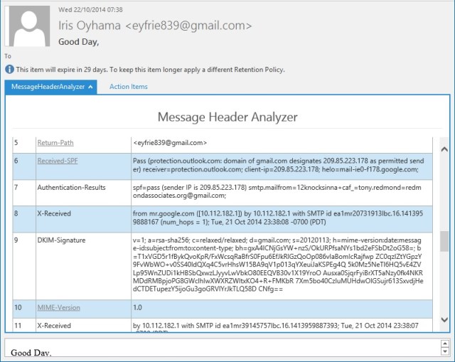 Viewing message header information for spam with the MessageHeaderAnalyzer app