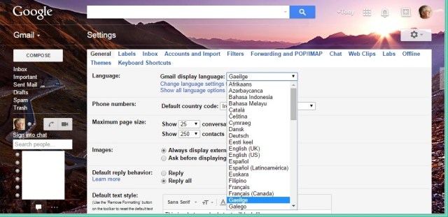 Selecting Irish as the preferred language for Gmail