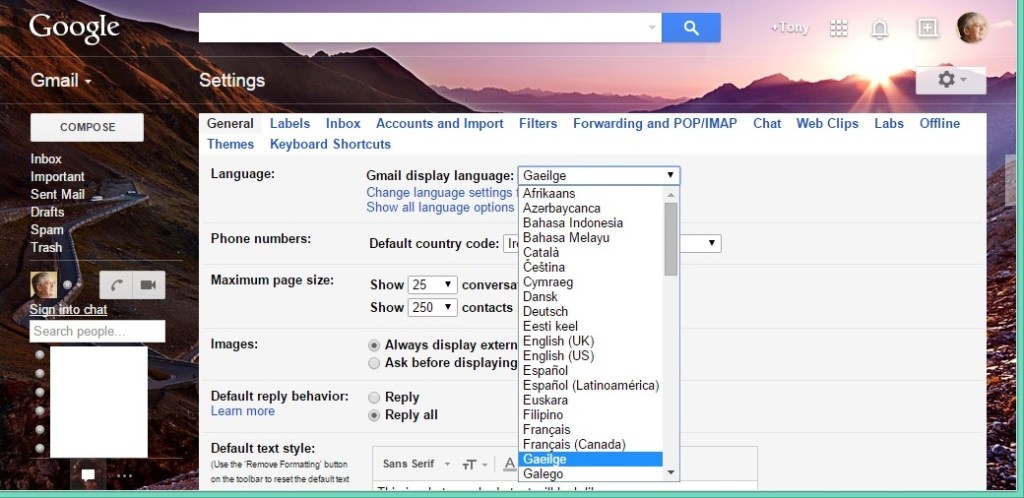 Selecting Irish as the preferred language for Gmail