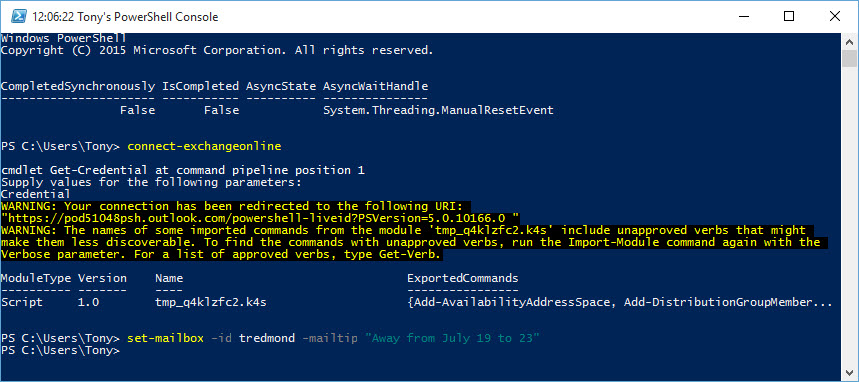Running Exchange Online cmdlets after a connection is made